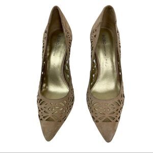 BCBG Size 9.5 Nude Tan Neutral Stiletto Heels Leather Suede Laser Cut Out